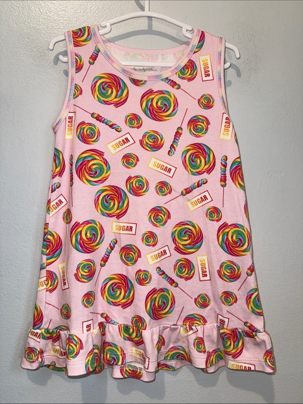 noomie 2T Girls Pink Lollipop Print Ruffle Hem Tank Dress Pima Cotton